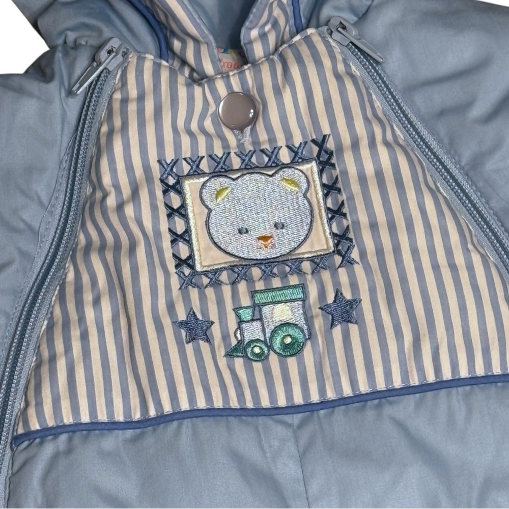 Vintage Quiltex Baby Boy Snowsuit Bunting – Blue Striped Bear Train – 3–6 Months - Picture 2 of 11
